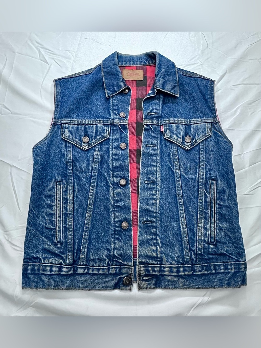 Levi’s Men’s Vintage Denim Vest with Red Plaid Lining